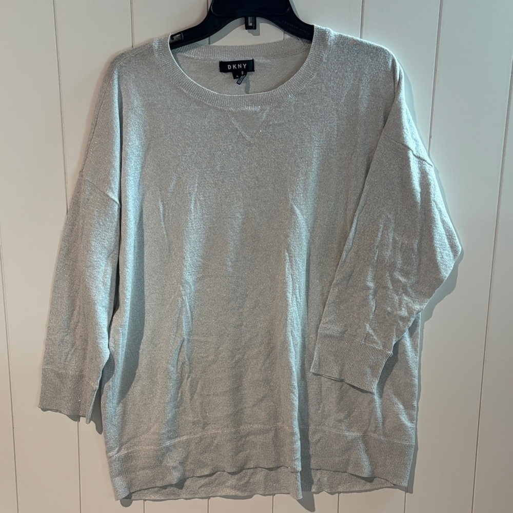 DKNY oversize sweater 3/4 sleeve long torso silver metallic flecks throughout XL